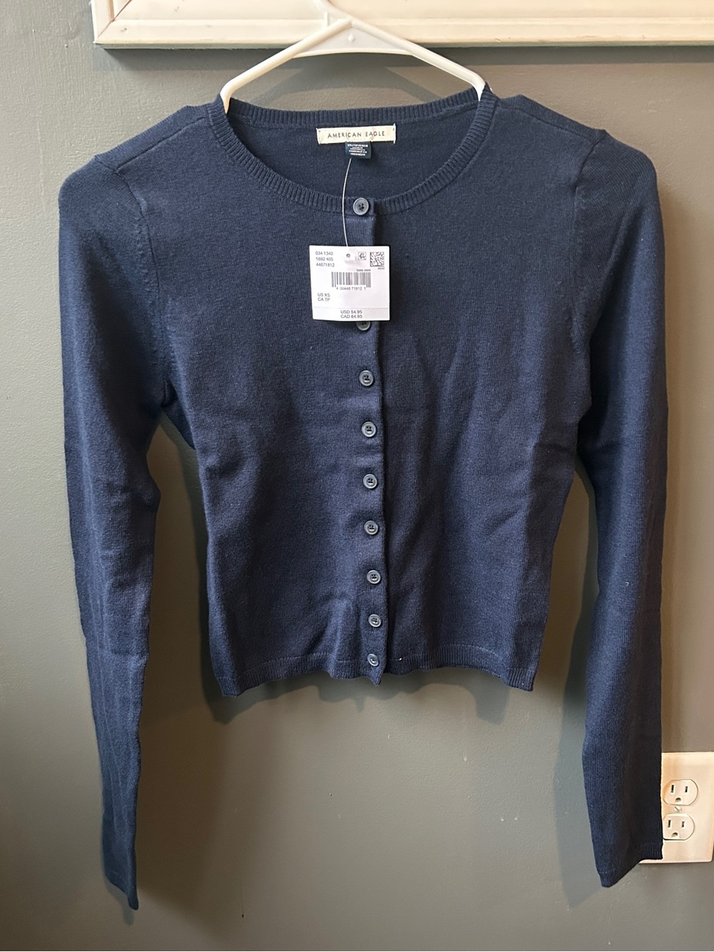 American Eagle Navy Button-Front Crewneck Cardigan Sweater